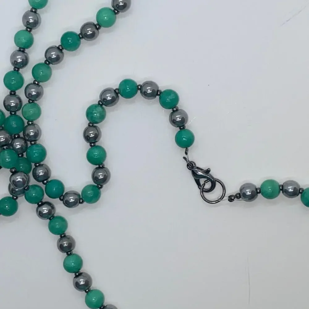 Silver Teal Blue & Green Handmade Beaded Necklace